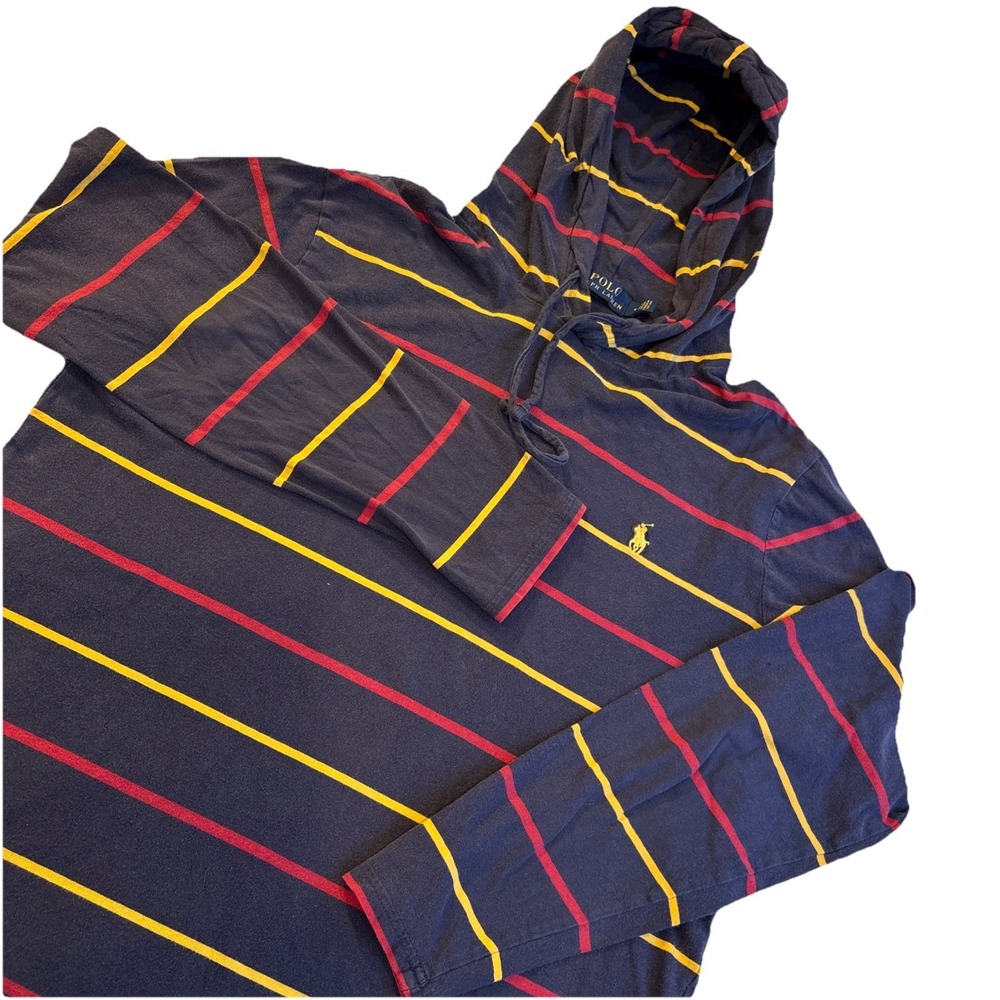 Vintage Polo Ralph Lauren Blue Red Yellow Stripe Long Slv TshirtHoodie Men's M‎